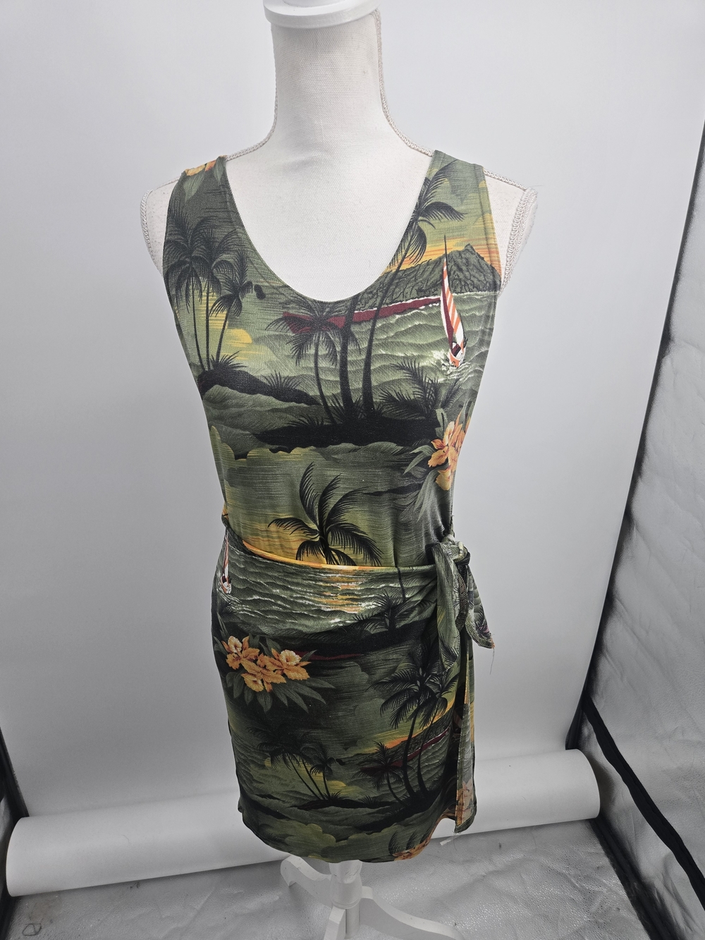 Jannna's Vintage Olive Yellow Tropical Wrap-Style Mini Dress (8895)